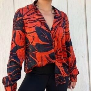 Zara Red and Black Leaf Print Blouse